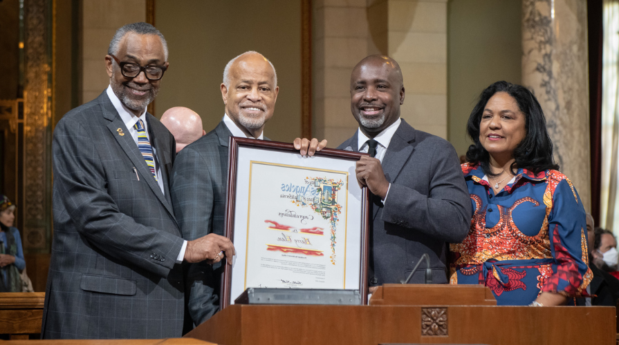 President Harry J. Elam, Jr. is recognized by members of the Los Angeles City Council