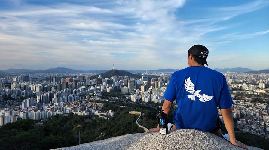 一个年轻人从后面俯瞰首尔市中心的景色