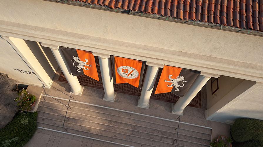 A view looking down at the front entrance of Thorne Hall