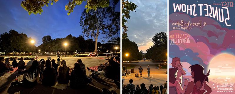 KOXY Sunset Show flyer and seated group watching a show participant