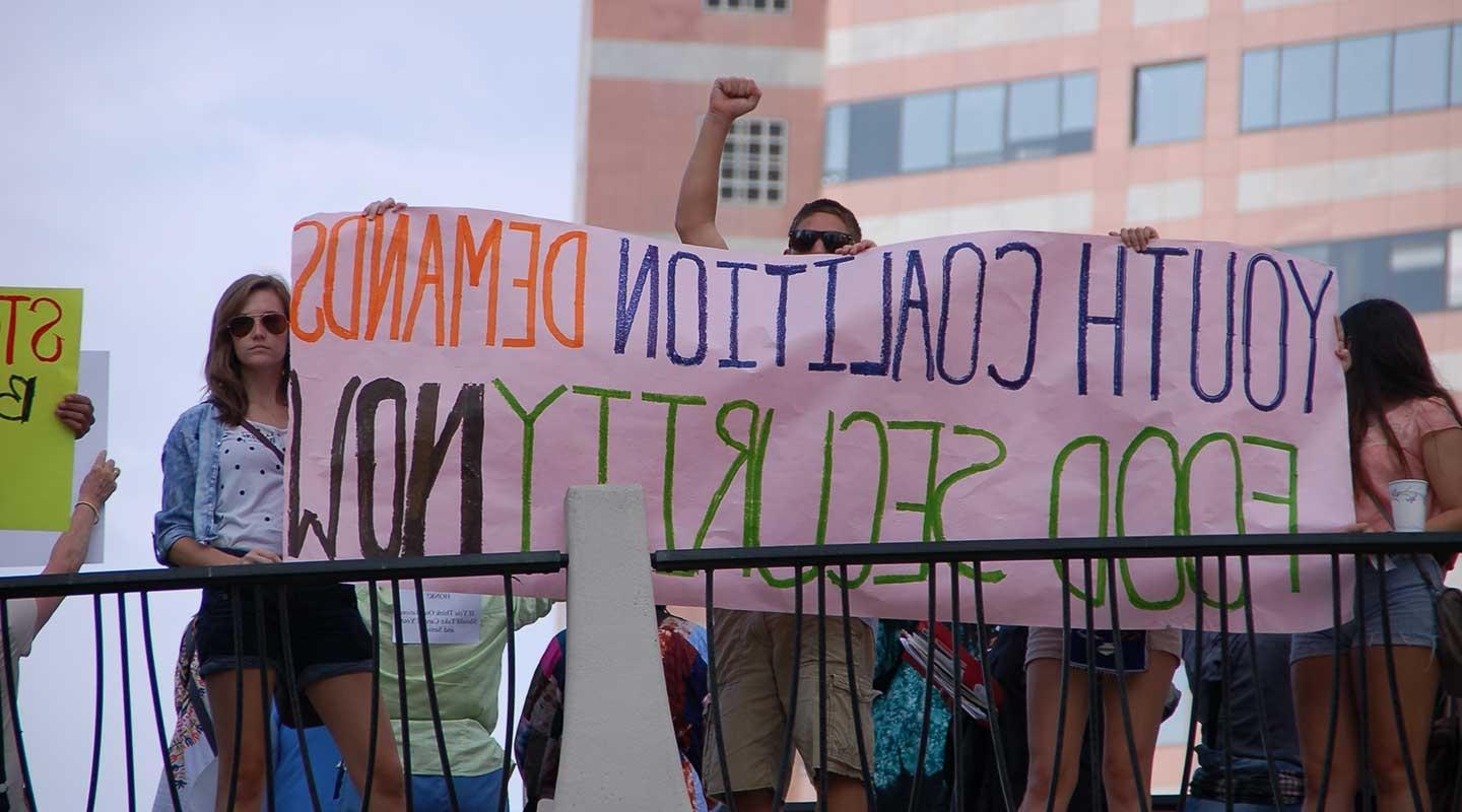 Students marching in Downtown Los Angeles for food security