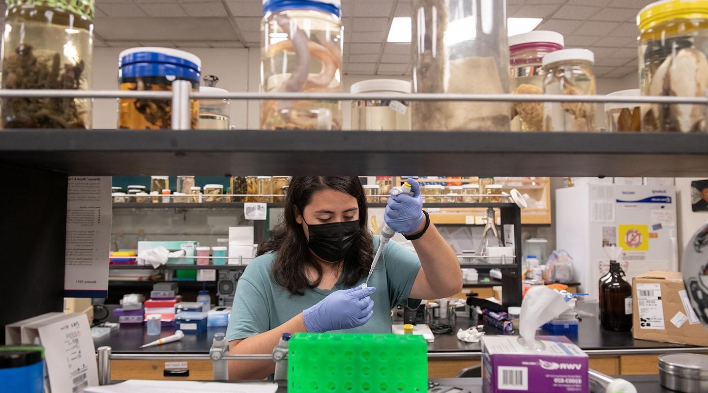 A student wearing a mask and gloves holds a dropper and beaker, surrounded by jars and other science equipment