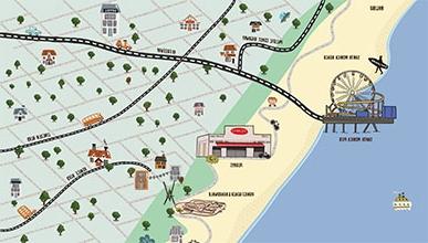 A hand-drawn map of Santa Monica. Highlights: Malibu, Santa Monica Pier, Venice Beach Boardwalk, Muscle Beach, and more