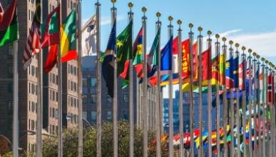 UN Headquarters in NYC, with int'l flags