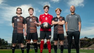 Coach Rod Lafaurie and members of the 2023 men's soccer team