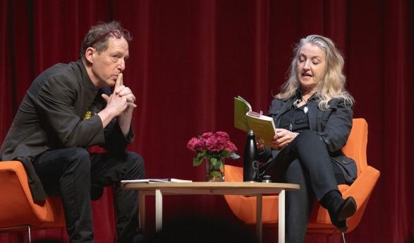 Rebecca Solnit and Paul Holdengraber onstage at an Oxy Live! event at Occidental College