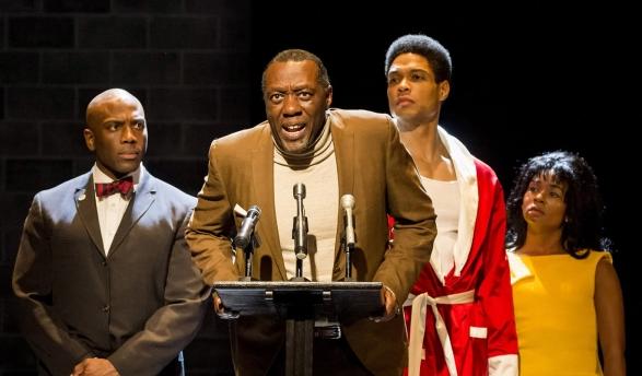 A performance of Fetch Clay, Make Man featuring four Black actors onstage