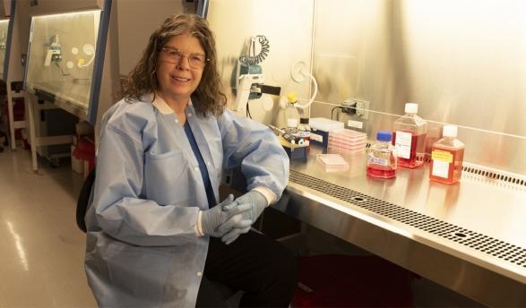 Professor of Biology Roberta Pollock, photographed in her lab in April 2024.