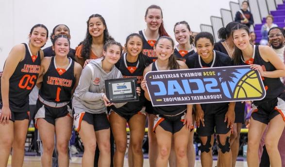 Occidental’s women's basketball team after winning the 2024 SCIAC Post­season Tournament championship.