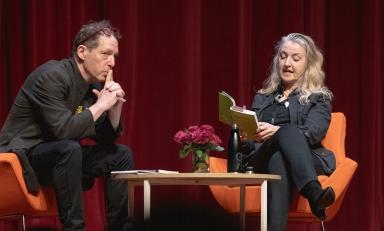 Rebecca Solnit and Paul Holdengraber onstage at an Oxy Live! event at Occidental College